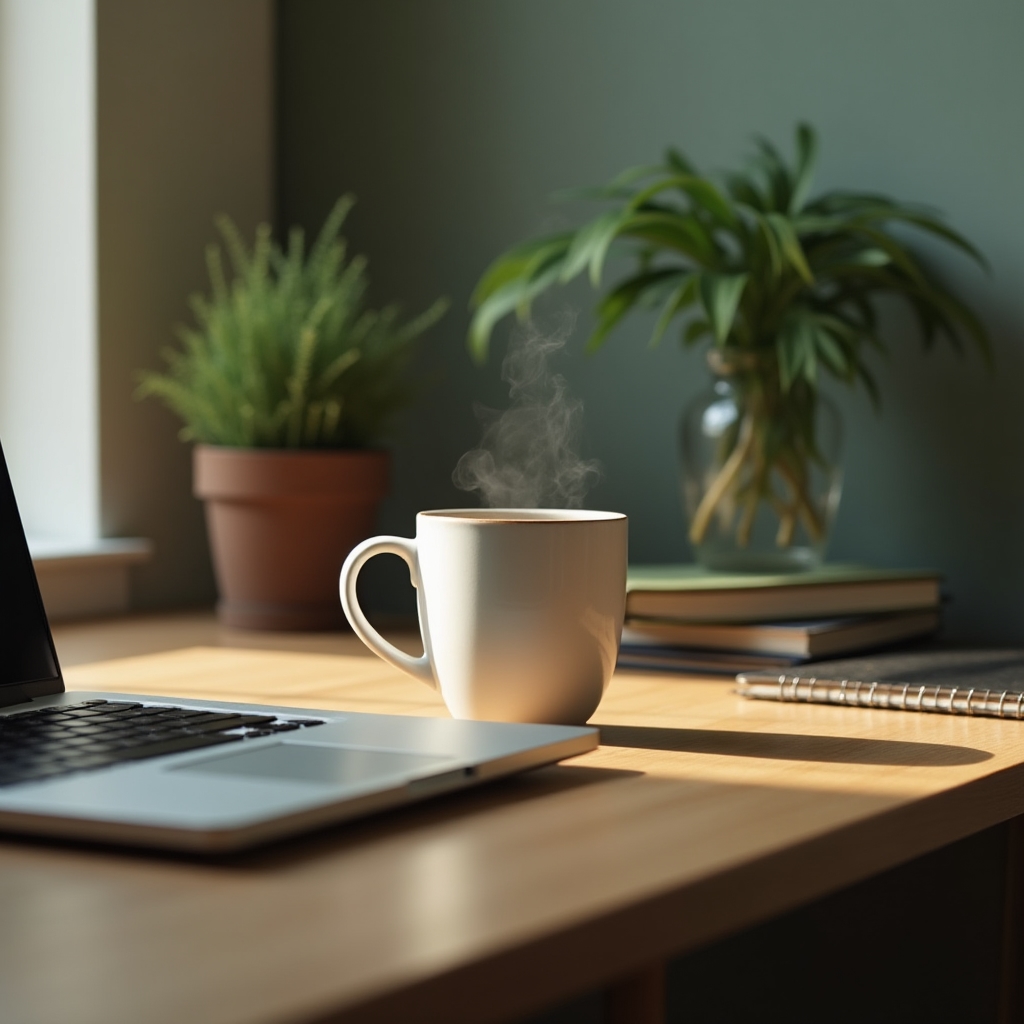 Ruhiger Arbeitsplatz mit Pflanze, Notizbuch und Tasse Kaffee neben einem geschlossenen Laptop