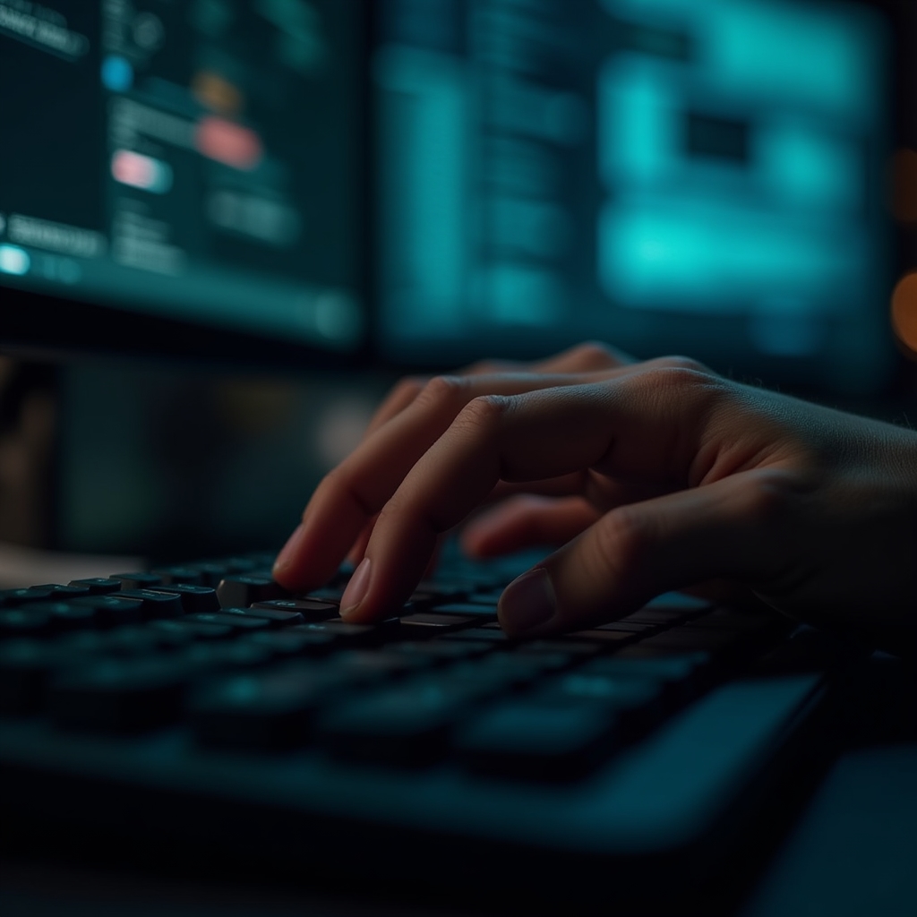 Nahaufnahme von Händen, die auf einer Tastatur tippen, im Hintergrund unscharfe Browserfenster