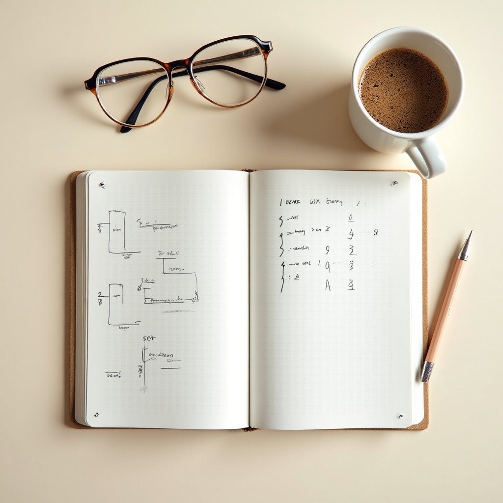 Notizbuch mit Gliederung für einen Blogbeitrag neben einer Tasse Kaffee