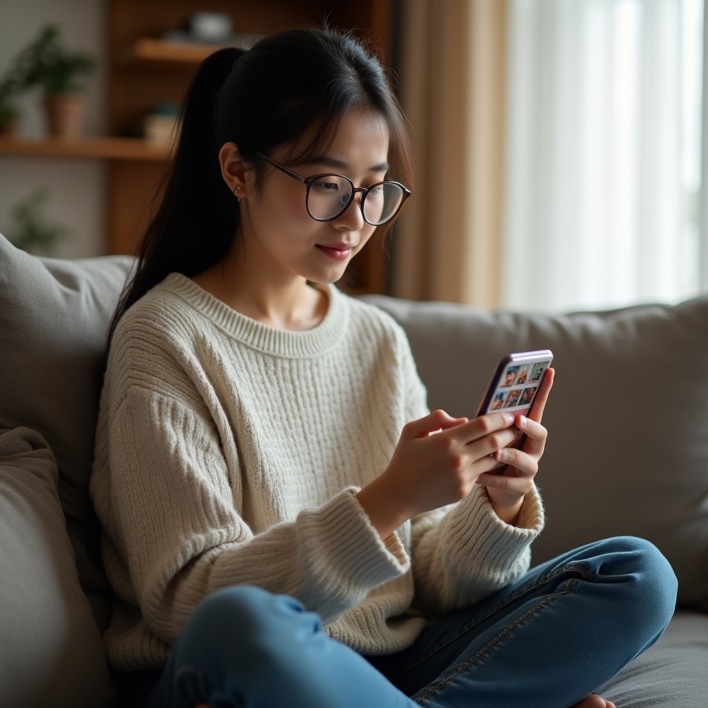 Person sitzt auf dem Sofa und sichtet auf dem Smartphone eine lange Liste von Fotoalben