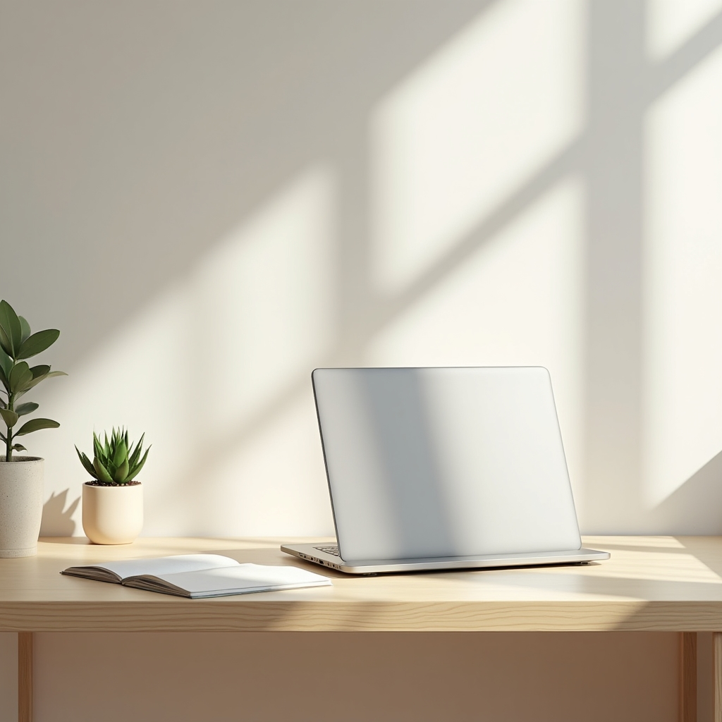 Aufgeräumter, minimalistischer Schreibtisch mit Laptop und wenigen persönlichen Gegenständen