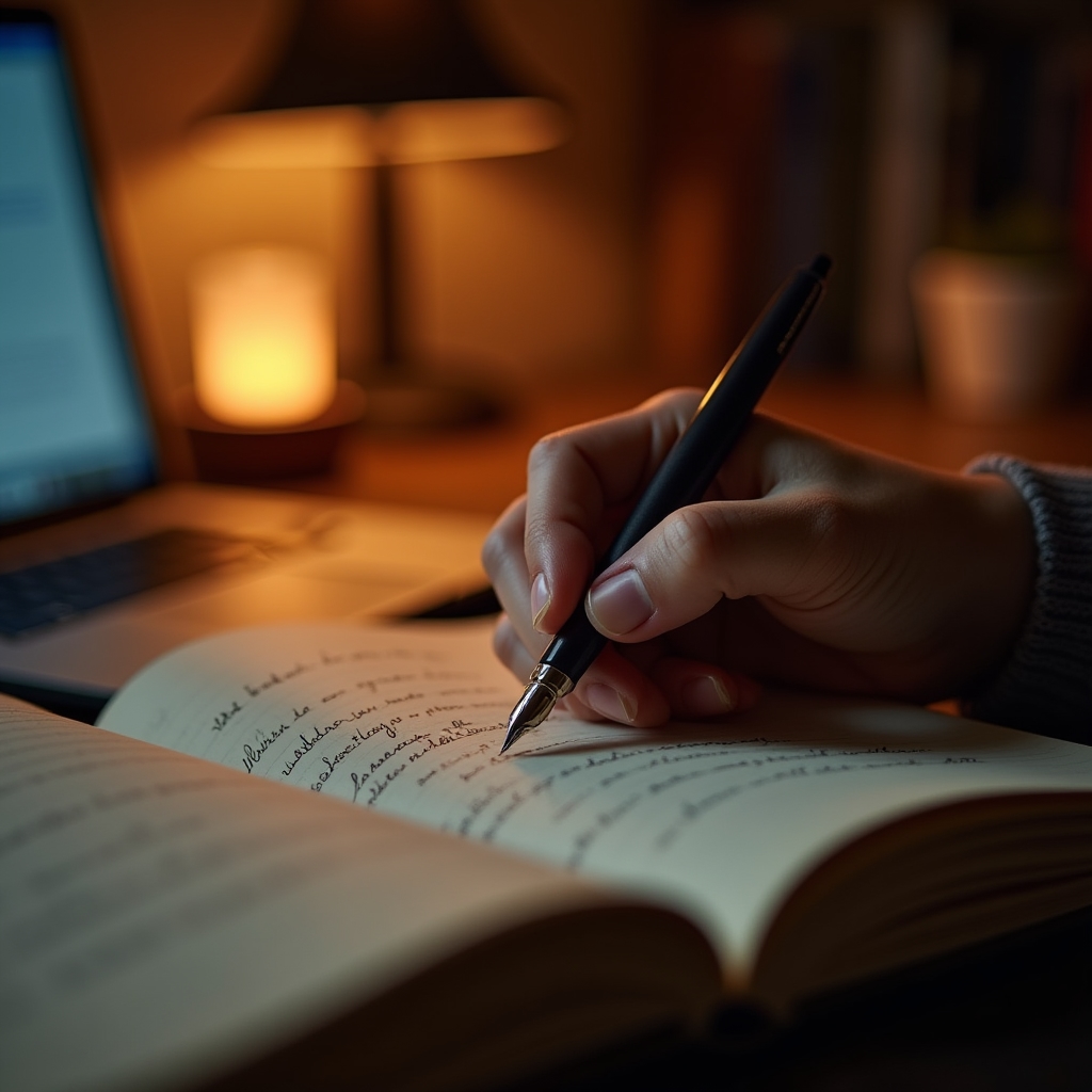 Person schreibt handschriftlich in ein Notizbuch, daneben liegt ein aufgeklapptes Laptop